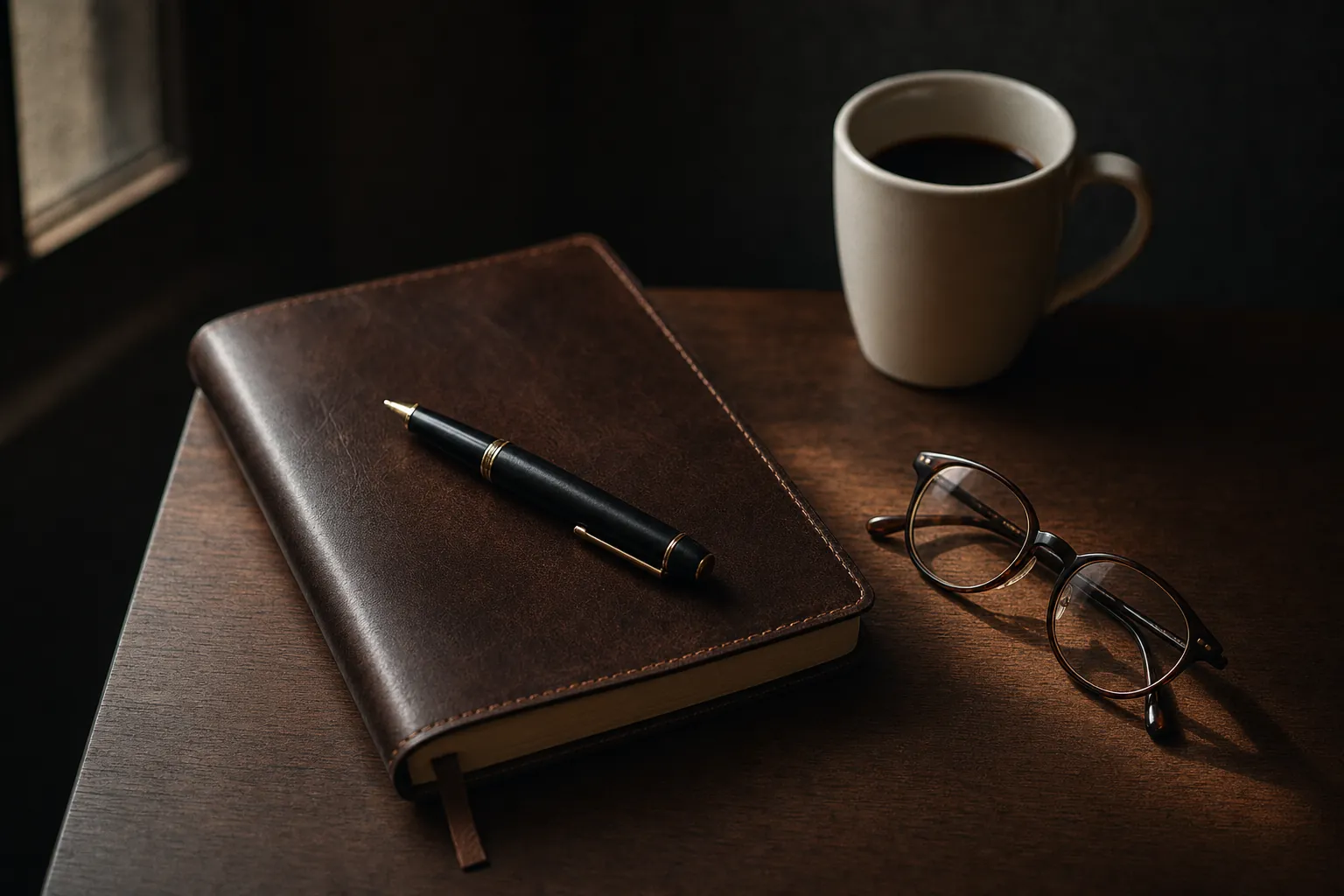 Notebook, pen and reading glasses on a dark desk