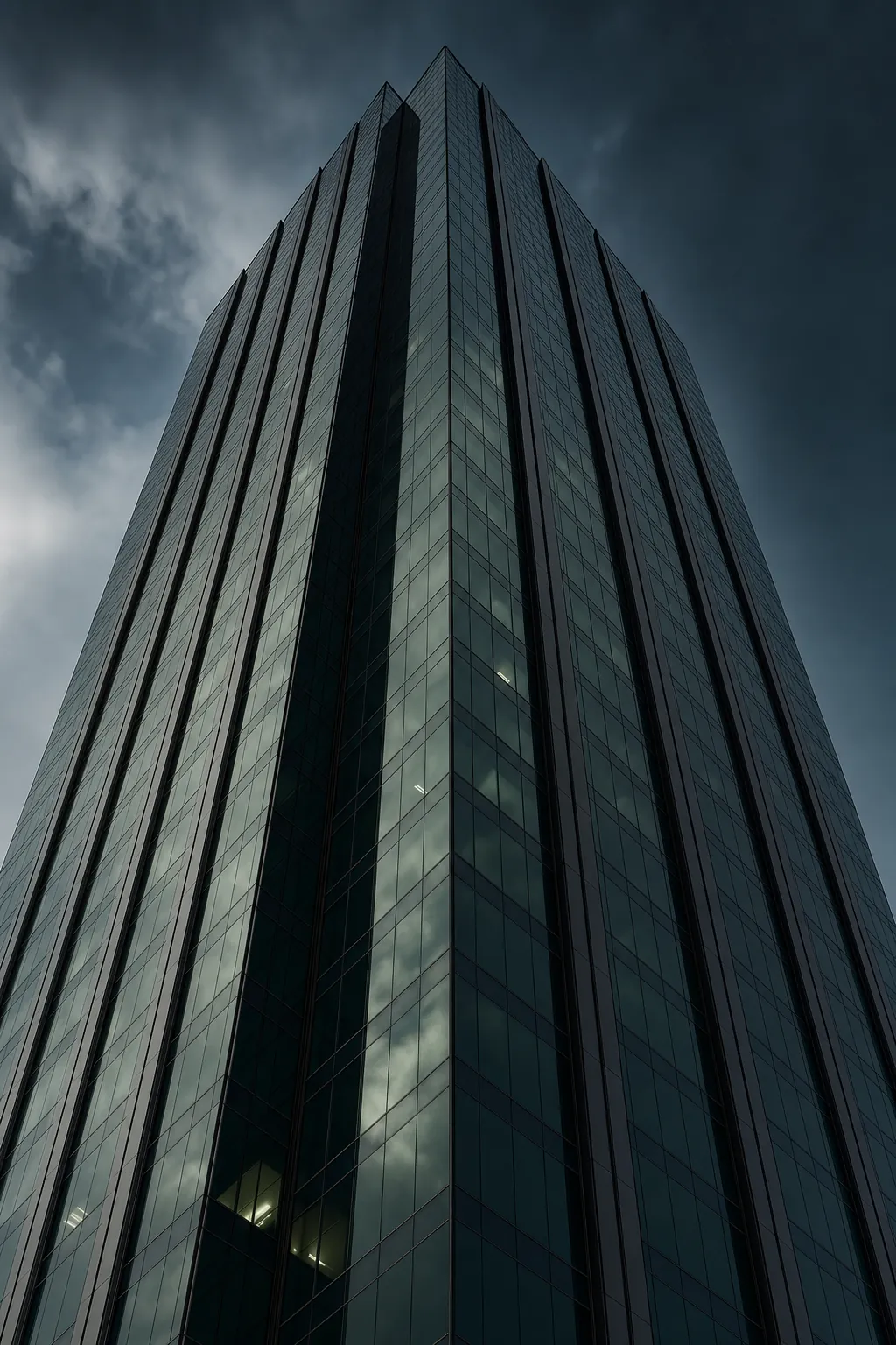 Dark glass tower seen from below